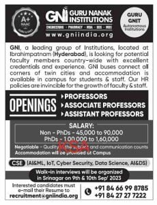 Guru Nanak Institutions (GNI) Recruitment 2023 for various vacancies