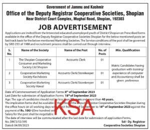 Deputy Registrar Cooperative Societies Recruitment 2023 for Accounts Clerk/Storekeeper posts 1 Deputy Registrar Cooperative Societies Recruitment 2023 for Accounts Clerk/Storekeeper posts