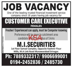 M I Securities Customer Care Executive Jobs Recruitment 2023