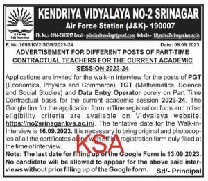 Kendriya Vidyalaya Srinagar Recruitment 2023 for teaching posts