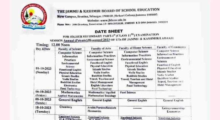 JKBOSE 11th Date Sheet 2023 Bi-Annual Private 2023 Jammu and Kashmir