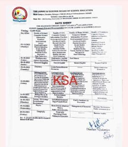 JKBOSE 11th Date Sheet 2023