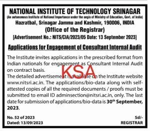 NIT Srinagar Recruitment 2023 Apply before 30th September