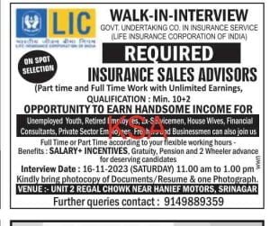 LIC Insurance Jobs Recruitment 2023 - Apply for Insurance Sales Advisors posts