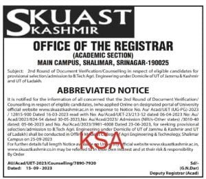 SKUAST 2nd Round of Document Verification/Counselling for B.Tech Agri. Engineering 1 SKUAST 2nd Round of Document Verification/Counselling for B.Tech Agri. Engineering