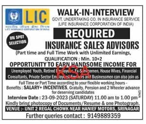 12th pass LIC Insurance Sales Advisors Jobs Recruitment 2023