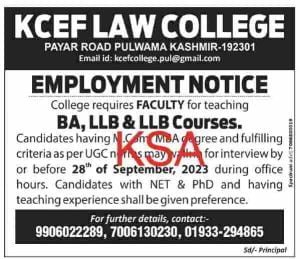 KCEF LAW COLLEGE Jobs Recruitment 2023 for teaching posts