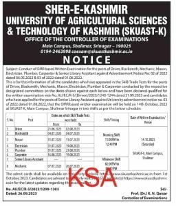 SKUAST Recruitment 2023 for Driver, Blacksmith, Mechanic, Mason posts