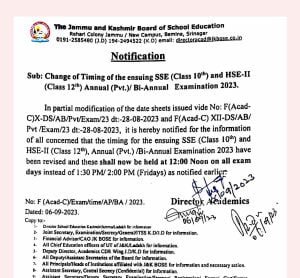 JKBOSE Change of Exam timings for class 10th, 12th Bi-Annual Private 2023 1 JKBOSE Change of Exam timings for class 10th, 12th Bi-Annual Private 2023