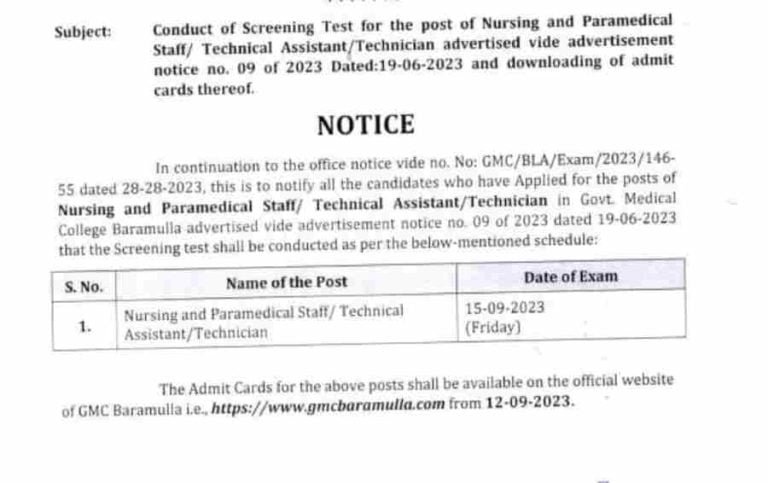 GMC Baramulla Recruitment 2023 for Paramedical Staff/ Technical Assistant/Technician posts