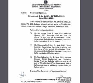 Transfers and postings of JKAS officers, check details here 1 Transfers and postings of JKAS officers