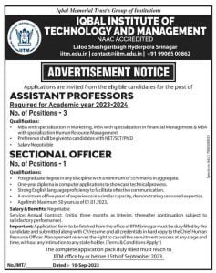 IITM Recruitment 2023 for Assistant Professors, Sectional Officers posts