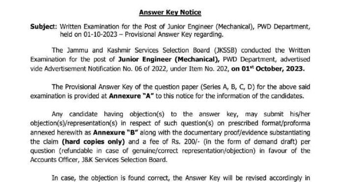 JKSSB Junior Engineer Answer Key Download link @jkssb.nic.in