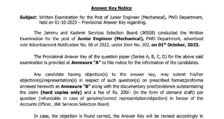 JKSSB Junior Engineer Answer Key Download link @jkssb.nic.in