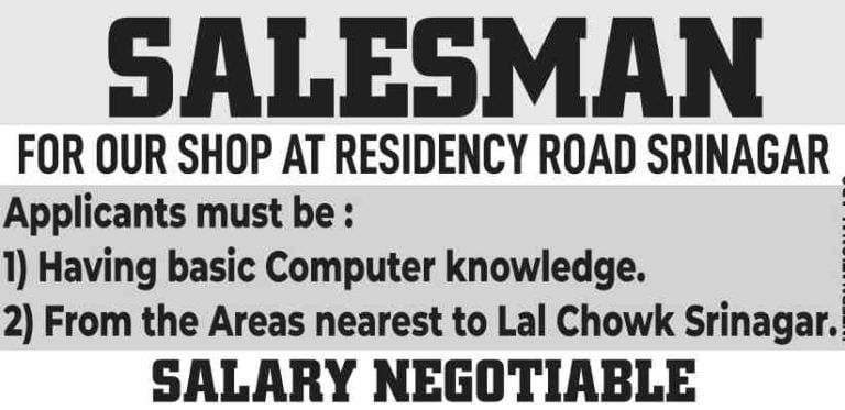 SALESMAN Jobs In Srinagar, Check Salary & Apply here