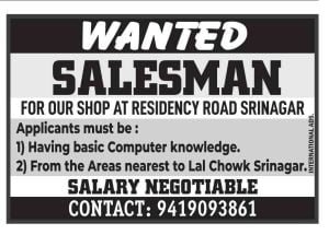 SALESMAN Jobs In Srinagar, Check Salary & Apply here