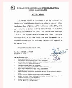 JKBOSE 10th Class Exams Postponed Pvt/Bi-Annual 2023
