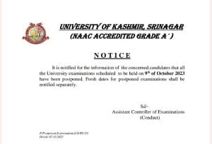 Kashmir University postponed all examinations scheduled on this date