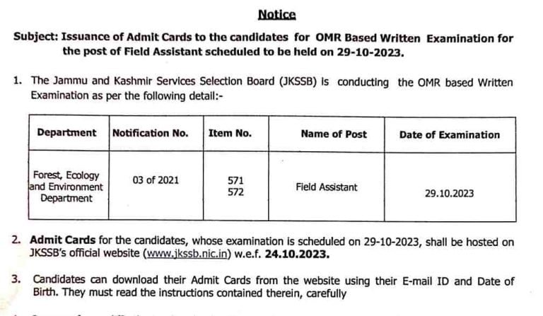 JKSSB Admit Card for Field Assistant posts, know how to download