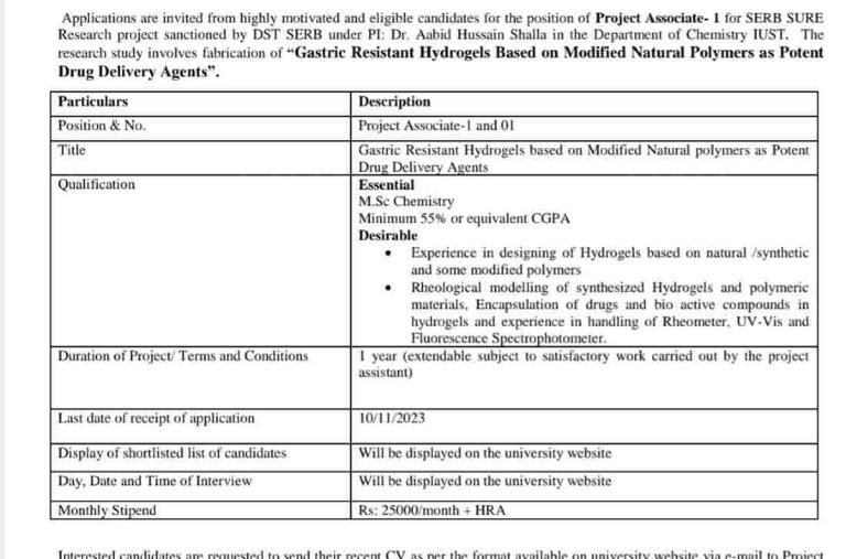 IUST Project Associate Recruitment 2023, Check qualification and Apply here