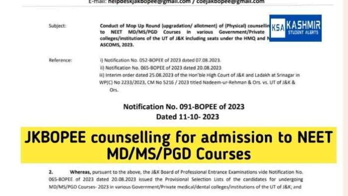 JKBOPEE counselling for admission to NEET MD/MS/PGD Courses in various Government/Private colleges