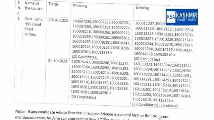 JKBOSE 10th Practical Date sheet Bi- Annual Private 2023