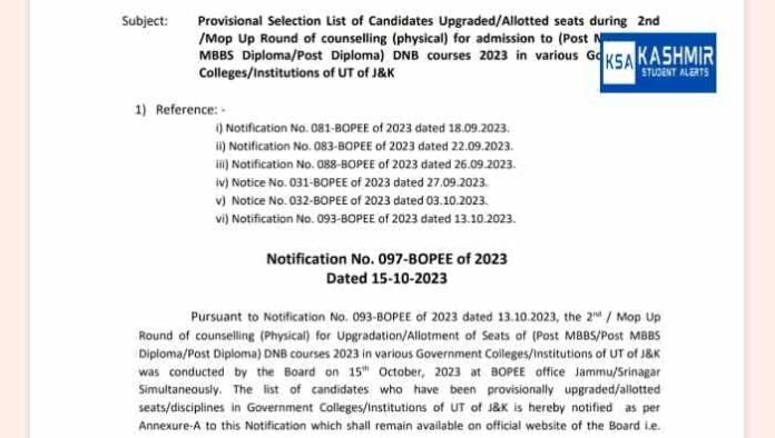 JKBOPEE Provisional Selection List of Candidates for admission to (Post MBBS/Post MBBS Diploma) DNB courses 2023