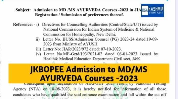 JKBOPEE Admission to MD/MS AYURVEDA Courses -2023