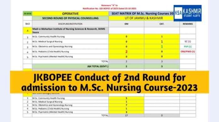 JKBOPEE Conduct of 2nd Round for admission to M.Sc. Nursing Course-2023