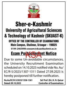 SKUAST Kashmir Exam Postponement Notice