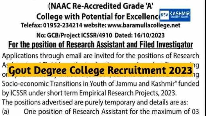 Govt Degree College Recruitment 2023 for Research Assistant and Field Investigator posts