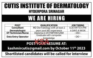 Cutis Institute Of Dermatology Recruitment 2023 for Data Entry Operator & other Posts 1 Cutis Institute Of Dermatology Recruitment 2023 for Data Entry Operator & other Posts