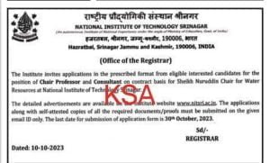 NIT Srinagar Recruitment 2023 for Chair Professor and Consultant posts 1 NIT Srinagar Recruitment 2023 for Chair Professor and Consultant posts