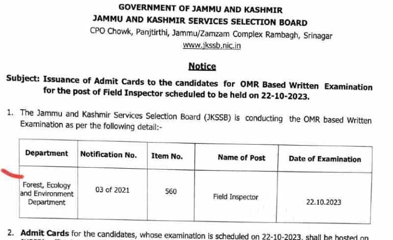 JKSSB Field Inspector Admit Card 2023, Direct link @jkssb.nic.in