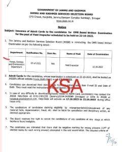 JKSSB Field Inspector Admit Card 2023, Direct link @jkssb.nic.in