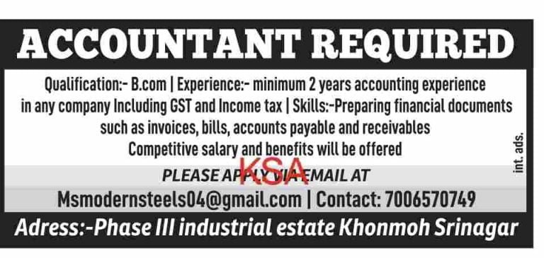 ACCOUNTANT Job in Srinagar, check qualification and apply here
