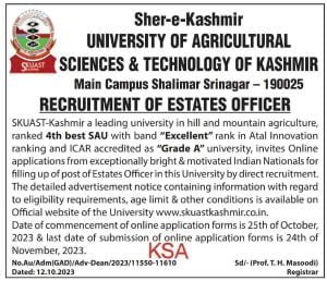 SKUAST Kashmir Recruitment 2023 check last date, Vacancy, Application process