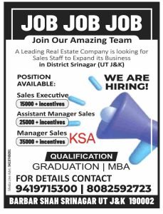Sales Executive/Assistant Manager Jons In Srinagar, check Qualification 