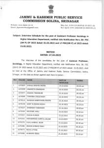 JKPSC Assistant Professor Sociology posts interview schedule notification