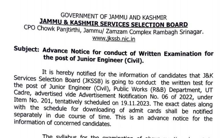 JKSSB Junior Engineer (JE) Exams on 19, download syllabus, admit card