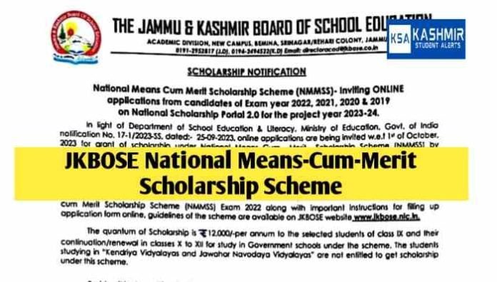 JKBOSE National Means-Cum-Merit Scholarship Scheme (NMMSS) Notification for the Project year 2023-24
