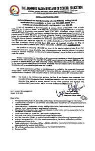 JKBOSE National Means-Cum-Merit Scholarship Scheme (NMMSS) Notification for the Project year 2023-24