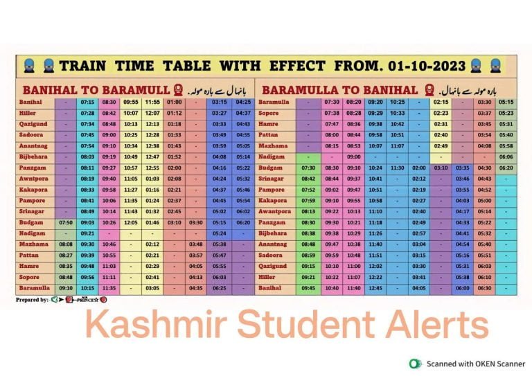 Train Timing Kashmir 2023 Train time Table Kashmir 2023