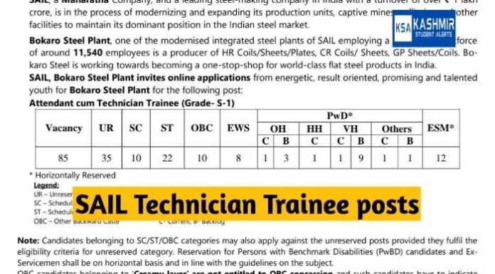 SAIL Technician Trainee posts