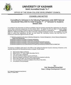 KU Counselling Notice for Admission to UG 1st – 2nd Semester for Academic Session 2023