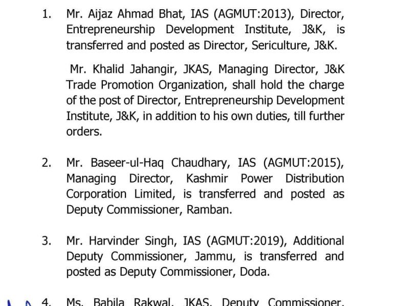 Transfers and postings of Several JKAS officers, read order here