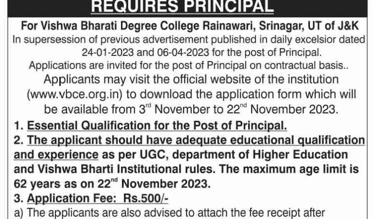 Vishwa Bharati Women’s College Rainawari Srinagar Jobs Recruitment 2023, details here
