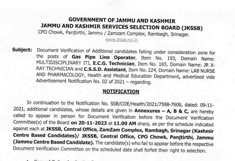 JKSSB Document Verification for Gas Pipe Line Operator posts
