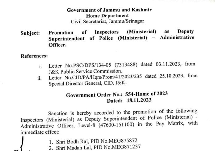 Government Promotes Inspectors to Deputy Superintendent of Police (Ministerial) - Administrative Officer