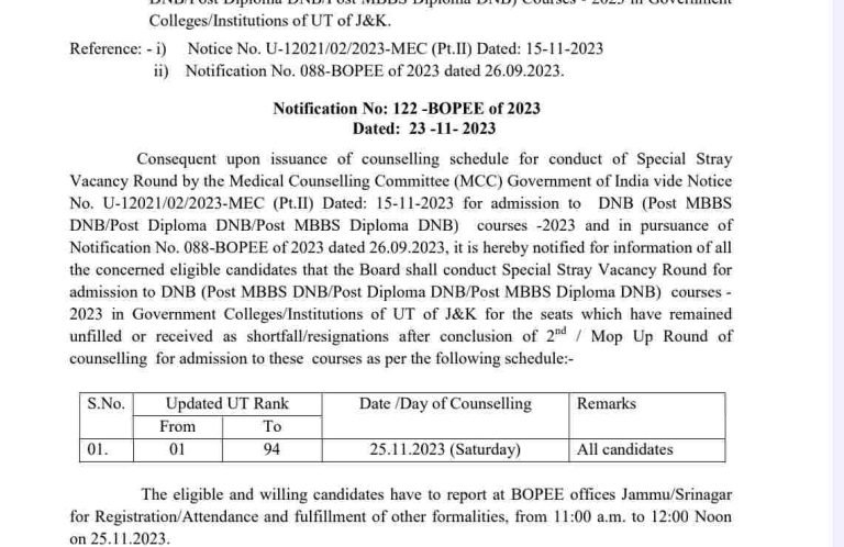 JKBOPEE Admission Notification for MBBS DNB/MD/MS/PGD Courses 2023